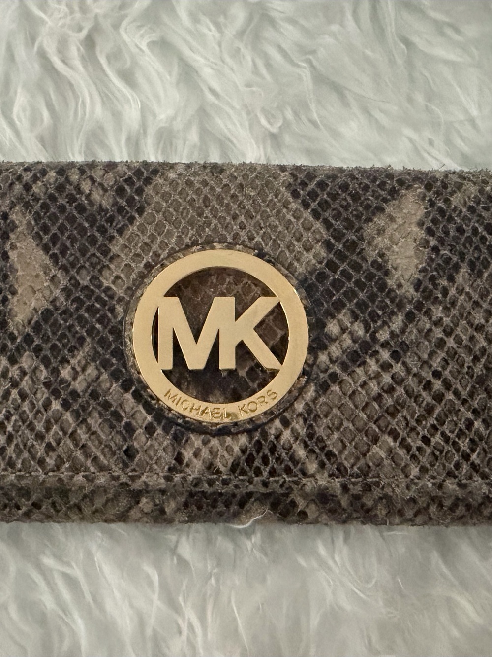 Michael Kors Gray/Brown Snake-Print Wallet with Gold MK Emblem